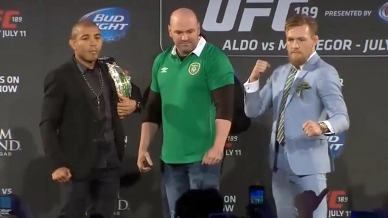 José Aldo e Conor McGregor durante encarada antes do UFC 194 José Aldo e Conor McGregor durante encarada antes do UFC 194