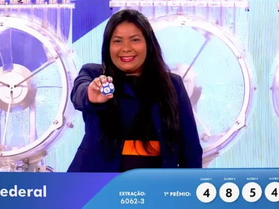 Garota da sorte exibe uma das bolas sorteadas que apontou o resultado da Loteria Federal no concurso 6062, referente à Extração Regular de Sábado, 02/05 com os números sorteados em todos os prêmios (1º, 2º, 3º, 4º e 5º e derivados) | Reprodução