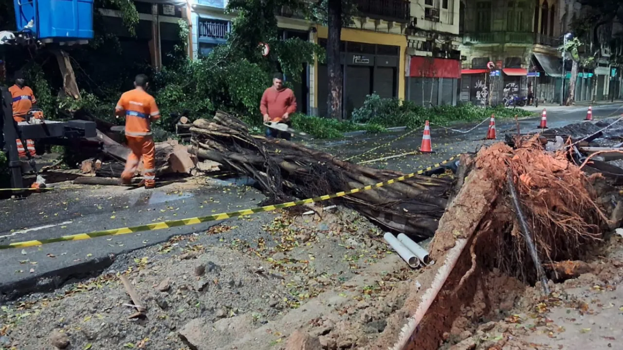 Árvore caída bloqueia trecho de rua durante chuva no Rio de Janeiro Árvore caída bloqueia trecho de rua durante chuva no Rio de Janeiro