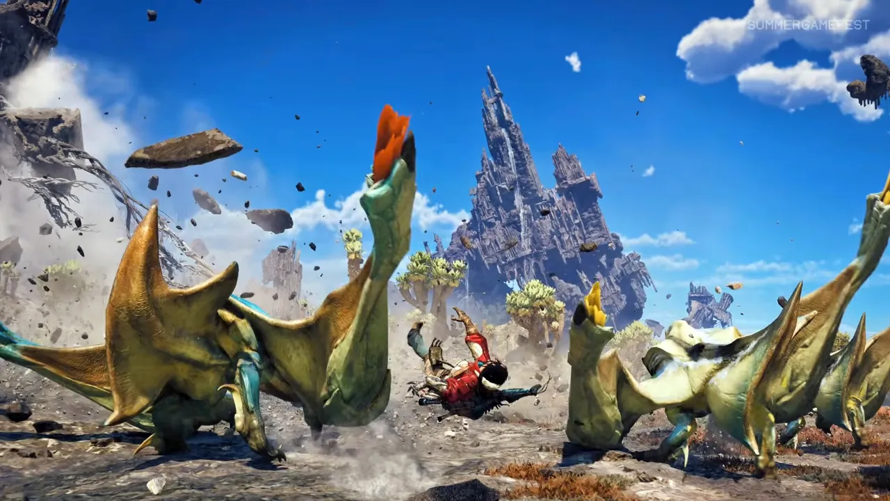 Monster Hunter Wilds Ascendance mostra caçador enfrentando novo monstro em região elevada da expansão