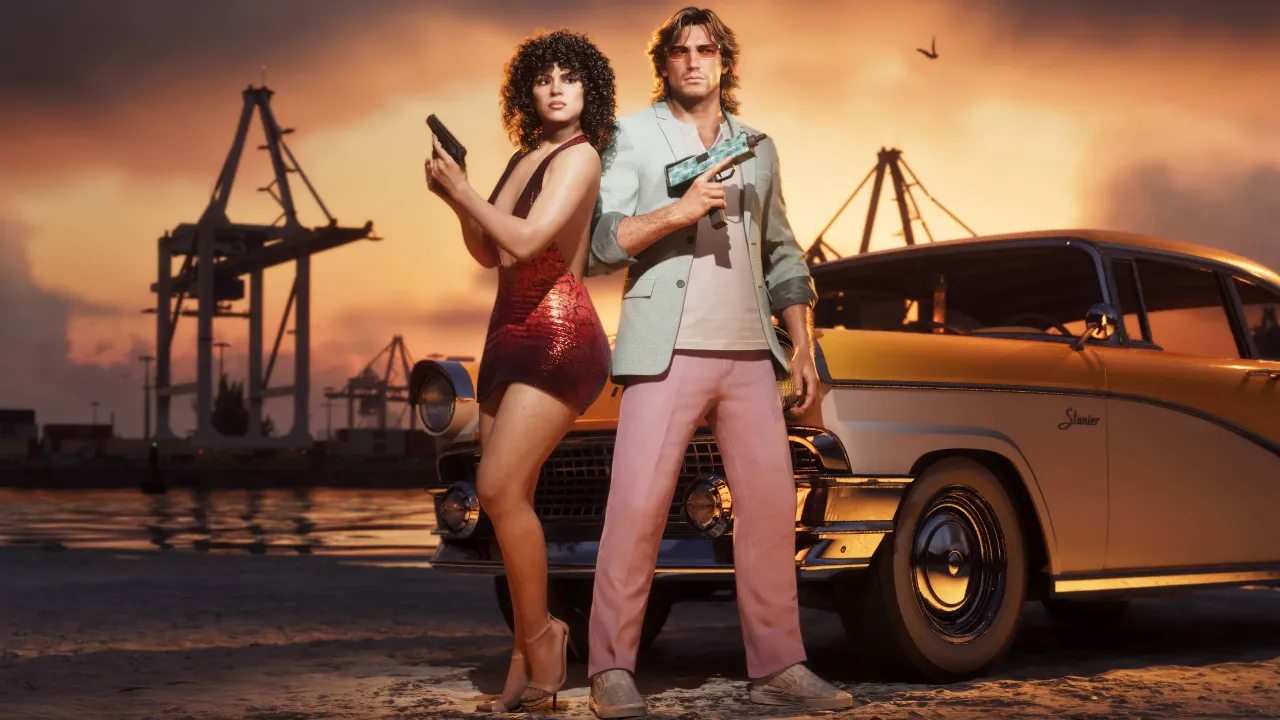 Arte oficial de GTA 6 com Jason e Lucia durante a abertura da pré-venda
