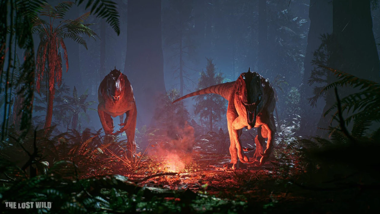 Dinossauro persegue personagem em floresta escura no jogo The Lost Wild