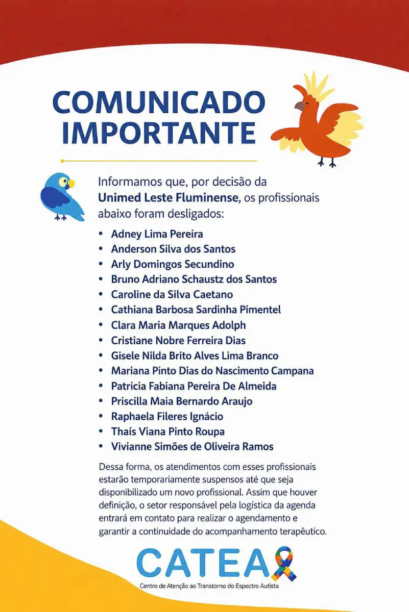 Documento lista profissionais desligados do CATEA por decisão da Unimed Leste Fluminense.