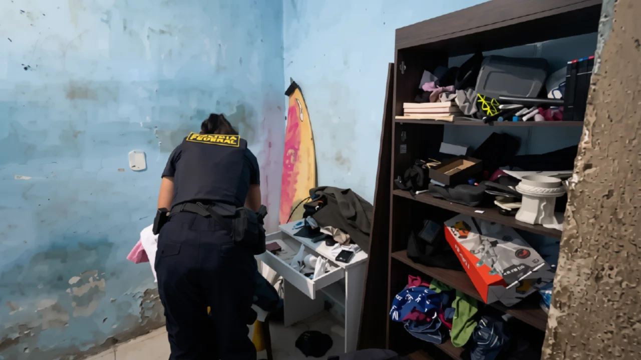 Agente da Polícia Federal PF de costas, utilizando colete tático escuro com a inscrição "FEDERAL" em letras amarelas, inspeciona gavetas de um móvel branco durante busca domiciliar durante cumprimento mandado de busca e apreensão no Rio de Janeiro, em combate a crimes de pornografia infantil e sexo com crianças
