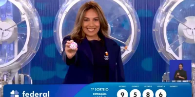 Imagem mostra garota da sorte com a última bola do resultado completo e prêmios do concurso 6082 da Loteria Federal, referente à Extração de sábado, 11/07, com todas as dezenas de milhar do 1º, 2º, 3º, 4º, 5º prêmio