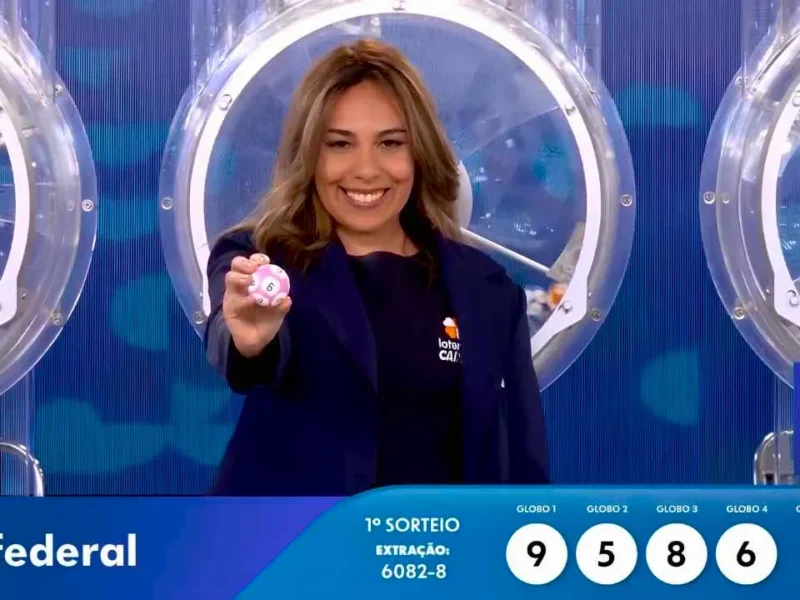 Imagem mostra garota da sorte com a última bola do resultado completo e prêmios do concurso 6082 da Loteria Federal, referente à Extração de sábado, 11/07, com todas as dezenas de milhar do 1º, 2º, 3º, 4º, 5º prêmio