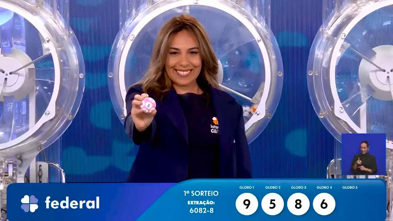 Imagem mostra garota da sorte com a última bola do resultado completo e prêmios do concurso 6082 da Loteria Federal, referente à Extração de sábado, 11/07, com todas as dezenas de milhar do 1º, 2º, 3º, 4º, 5º prêmio