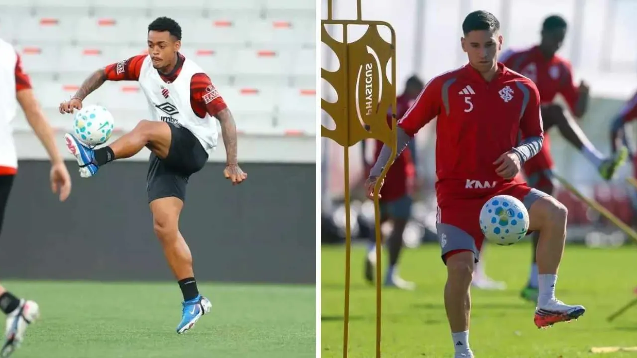 Jogadores de Athletico-PR e Internacional disputam a bola antes do confronto pela 20ª rodada do Campeonato Brasileiro