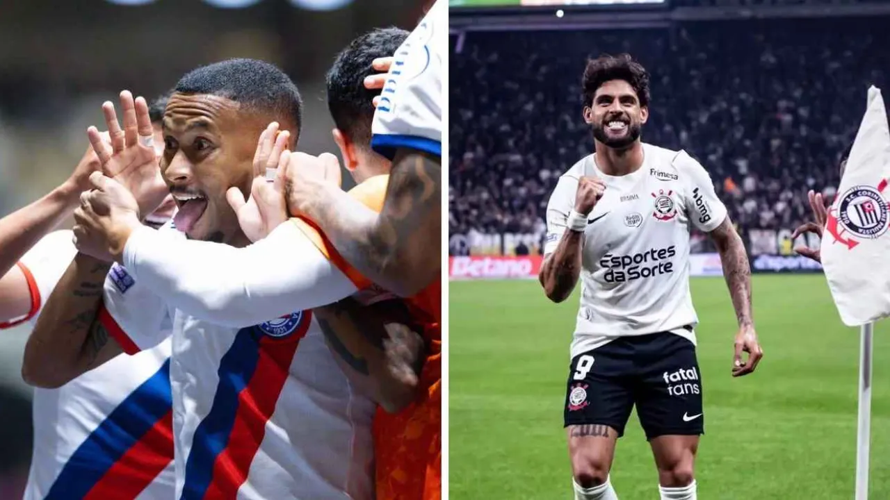 Jogadores de Bahia e Corinthians disputam a bola antes do confronto pela 20ª rodada do Campeonato Brasileiro na Fonte Nova