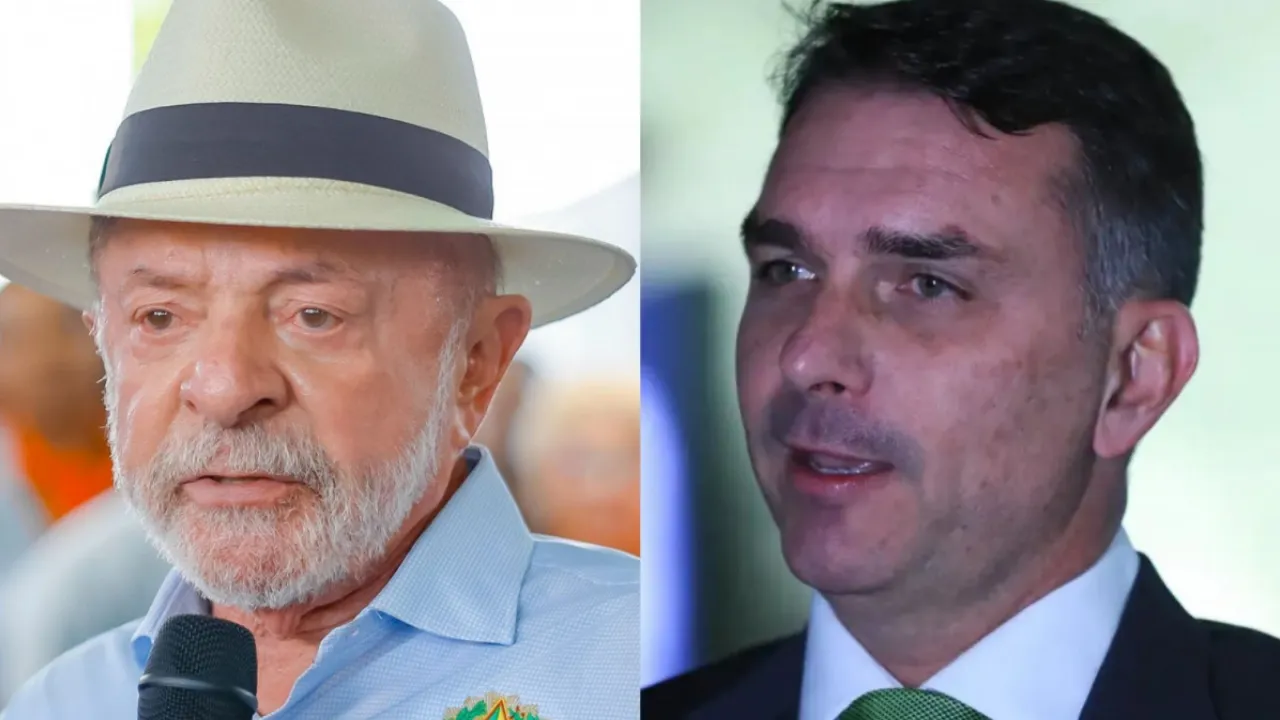 Lula e Flávio Bolsonaro em montagem sobre a pesquisa BTG Nexus para o segundo turno das eleições de 2026