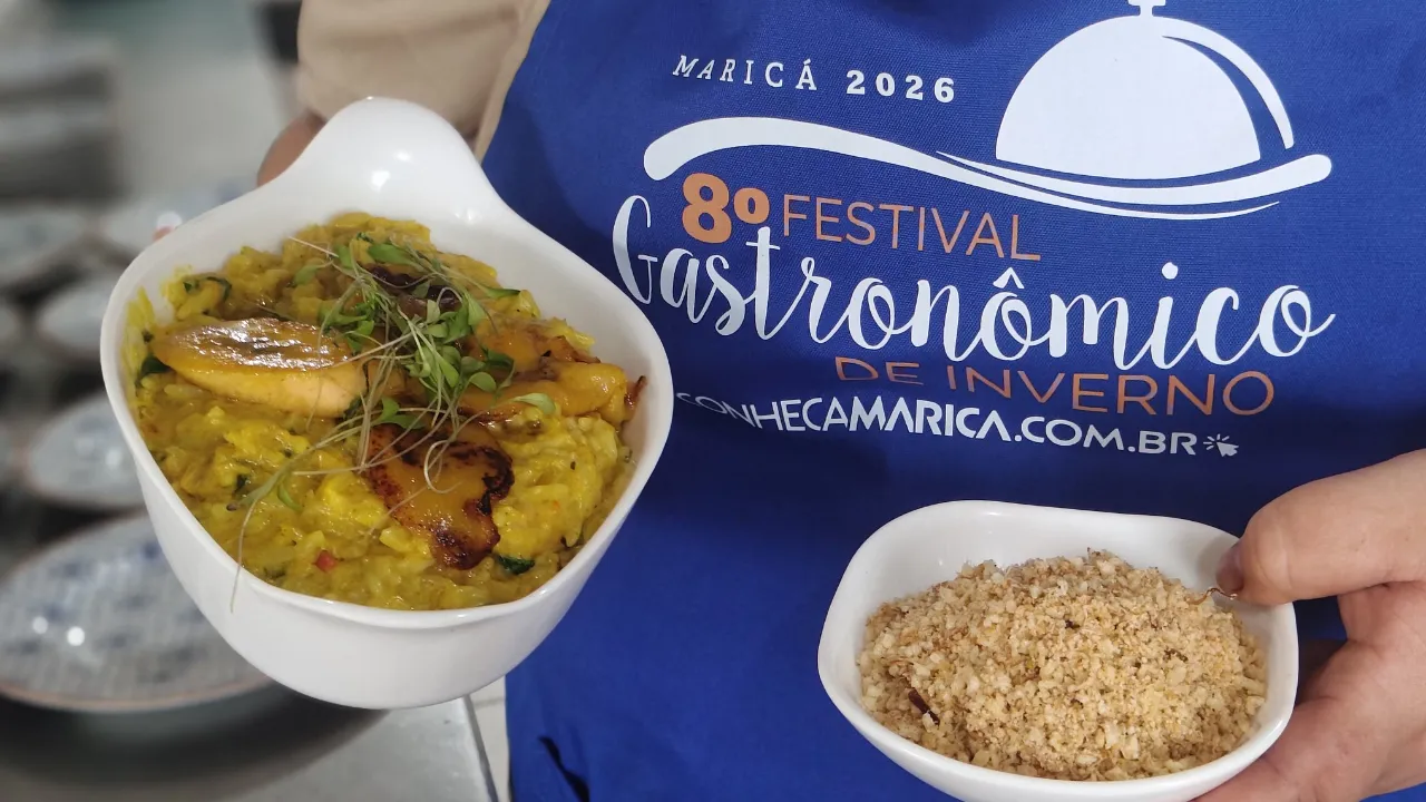 Prato com frutos do mar e ingredientes regionais servido durante Festival Gastronômico de Inverno de Maricá
