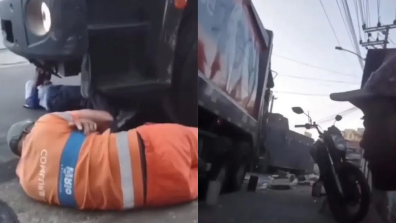 Garis deitados ao lado de caminhão da Comlurb para se proteger durante tiroteio no Complexo do Chapadão Garis deitados ao lado de caminhão da Comlurb para se proteger durante tiroteio no Complexo do Chapadão