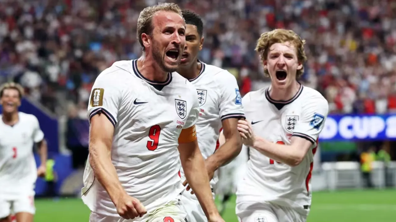 Harry Kane comemora um dos gols da Inglaterra na vitória sobre a RD Congo pela Copa do Mundo de 2026 Harry Kane comemora um dos gols da Inglaterra na vitória sobre a RD Congo pela Copa do Mundo de 2026