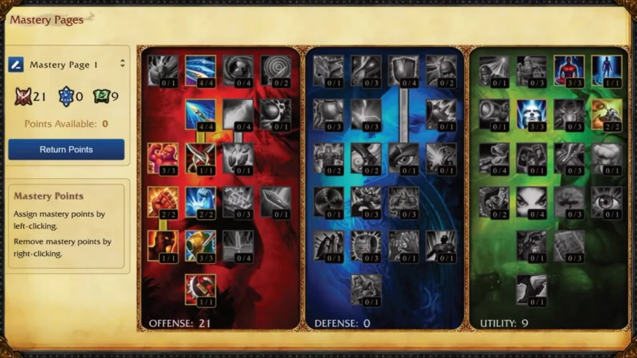 Pagina de talentos do League of Legends Classic, onde desbloqueará pontos ao chegar no nível 4 Pagina de talentos do League of Legends Classic, onde desbloqueará pontos ao chegar no nível 4