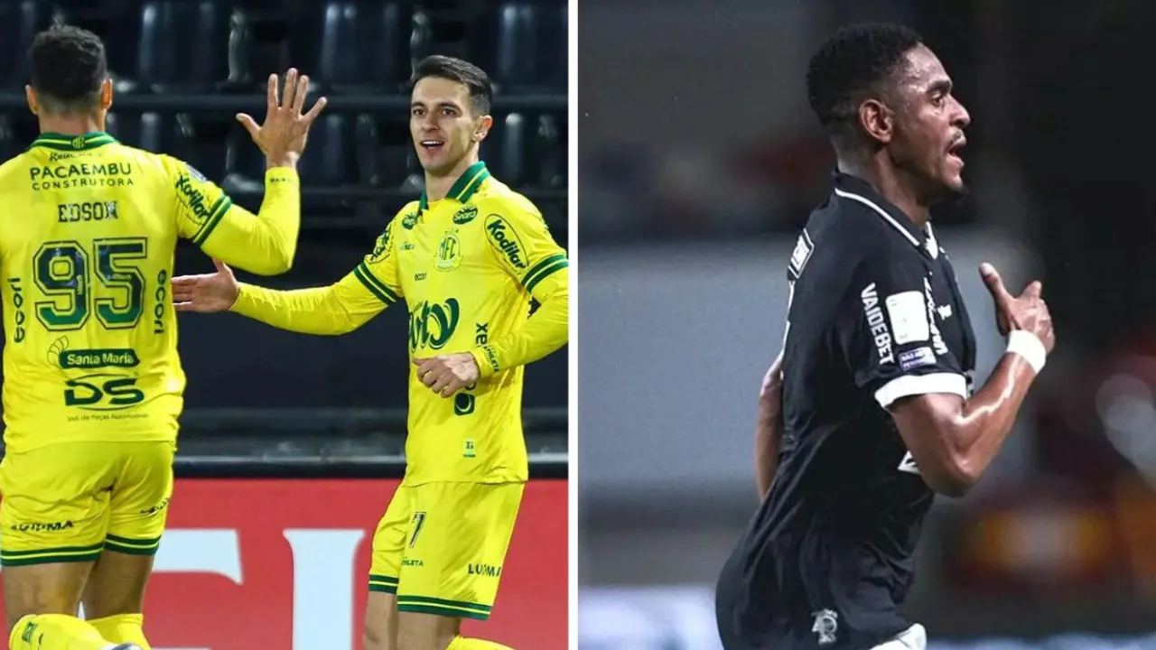 Jogadores de Mirassol e Remo disputam a bola em partida do Campeonato Brasileiro