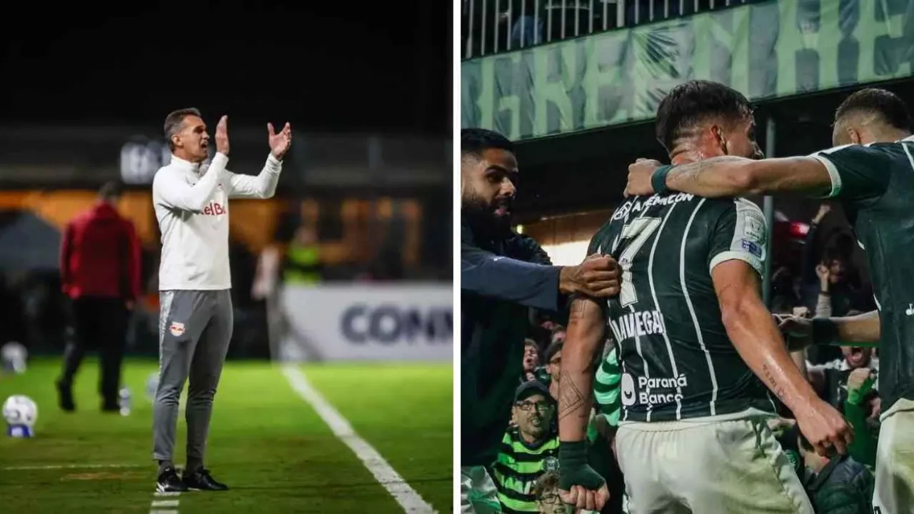 Jogadores de Red Bull Bragantino e Coritiba disputam a bola antes da partida pelo Campeonato Brasileiro