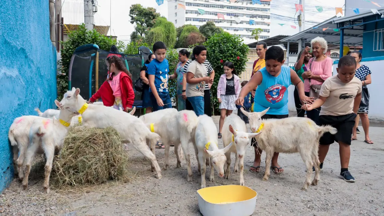 Criança interage com cabra durante terapia com animais no Centro do Autista de São Gonçalo