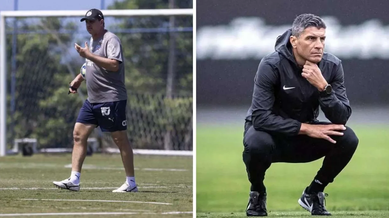 A esquerda da imagem está o técnico Rogerio Ceni do Bahia e a direita da imagem está o técnico do Vasco Pedro Emanue