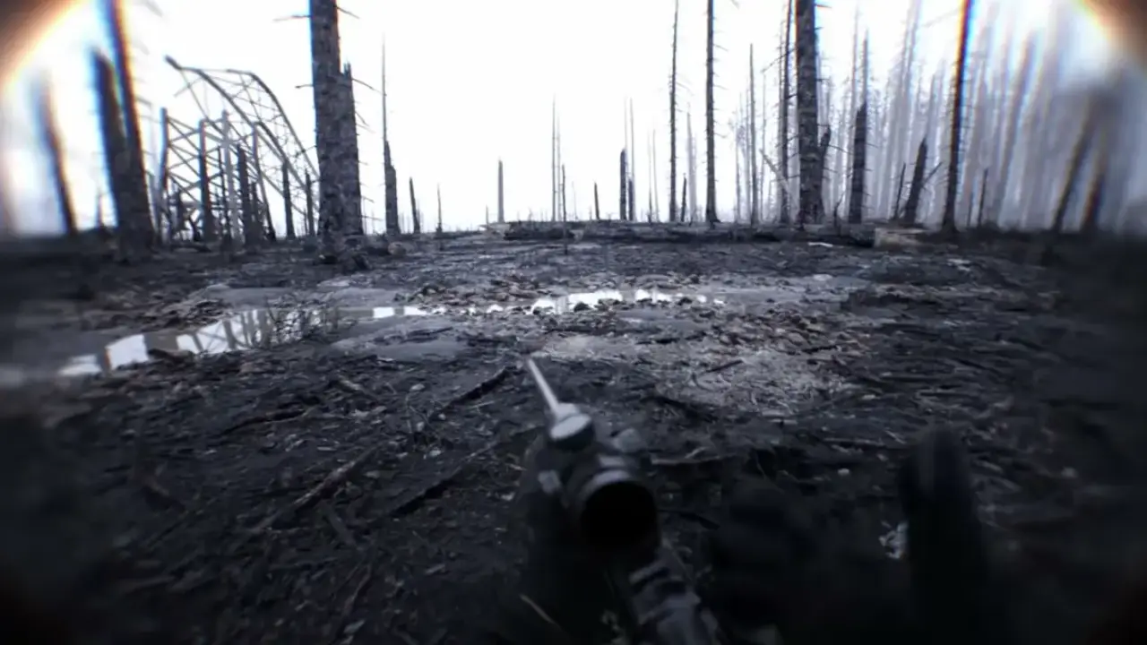 Jogador explora cenário destruído no mapa Trenches da atualização Locked and Loaded de Bodycam Jogador explora cenário destruído no mapa Trenches da atualização Locked and Loaded de Bodycam