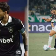 A esquerda da imagem o jogador do Botafogo Alex Telles e a direita uma disputa de bola entre os jogadores do Fluminense e Botafogo, sendo o jogador do Fluminense o Canobbio