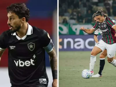 A esquerda da imagem o jogador do Botafogo Alex Telles e a direita uma disputa de bola entre os jogadores do Fluminense e Botafogo, sendo o jogador do Fluminense o Canobbio