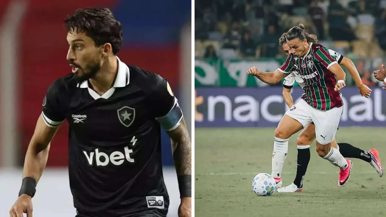 A esquerda da imagem o jogador do Botafogo Alex Telles e a direita uma disputa de bola entre os jogadores do Fluminense e Botafogo, sendo o jogador do Fluminense o Canobbio