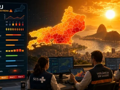 Ilustração editorial representa o monitoramento do calor extremo no estado do Rio de Janeiro, com mapa dividido por níveis de risco, indicadores de temperatura, saúde, população, capacidade hospitalar e atuação integrada do SUS, vigilância em saúde e Defesa Civil