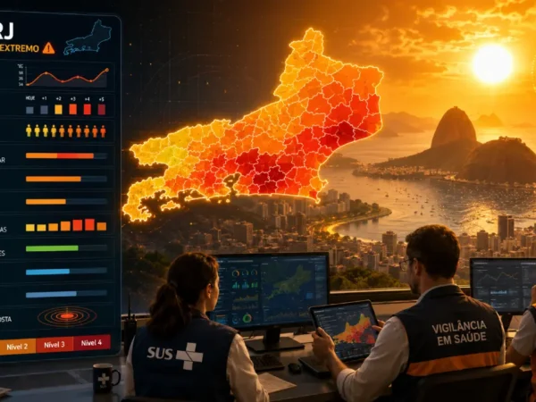 Ilustração editorial representa o monitoramento do calor extremo no estado do Rio de Janeiro, com mapa dividido por níveis de risco, indicadores de temperatura, saúde, população, capacidade hospitalar e atuação integrada do SUS, vigilância em saúde e Defesa Civil