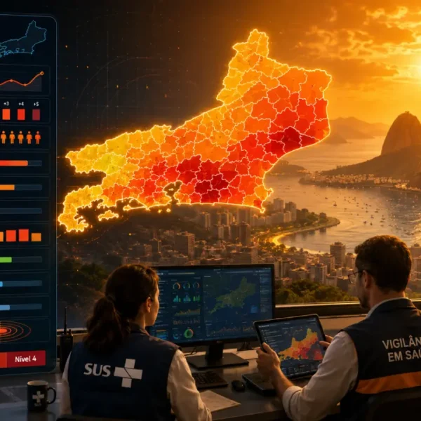 Ilustração editorial representa o monitoramento do calor extremo no estado do Rio de Janeiro, com mapa dividido por níveis de risco, indicadores de temperatura, saúde, população, capacidade hospitalar e atuação integrada do SUS, vigilância em saúde e Defesa Civil