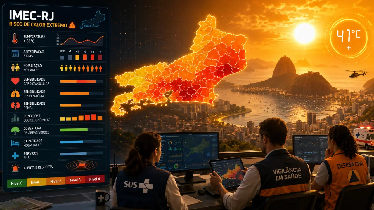 Ilustração editorial representa o monitoramento do calor extremo no estado do Rio de Janeiro, com mapa dividido por níveis de risco, indicadores de temperatura, saúde, população, capacidade hospitalar e atuação integrada do SUS, vigilância em saúde e Defesa Civil Ilustração editorial representa o monitoramento do calor extremo no estado do Rio de Janeiro, com mapa dividido por níveis de risco, indicadores de temperatura, saúde, população, capacidade hospitalar e atuação integrada do SUS, vigilância em saúde e Defesa Civil