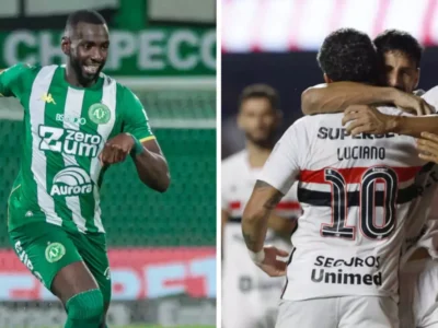 Jogadores de Chapecoense e São Paulo antes de partida pelo Campeonato Brasileiro na Arena Condá