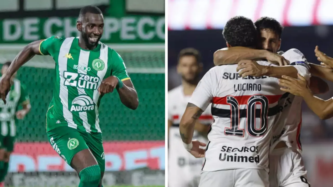 Jogadores de Chapecoense e São Paulo antes de partida pelo Campeonato Brasileiro na Arena Condá Jogadores de Chapecoense e São Paulo antes de partida pelo Campeonato Brasileiro na Arena Condá
