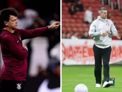 Do lado esquerdo, uma imagem do técnico do Corinthians Fernando Diniz na beira do campo e do lado direito, uma imagem do técnico do Internacional Paulo Pezzolano ao lado do campo