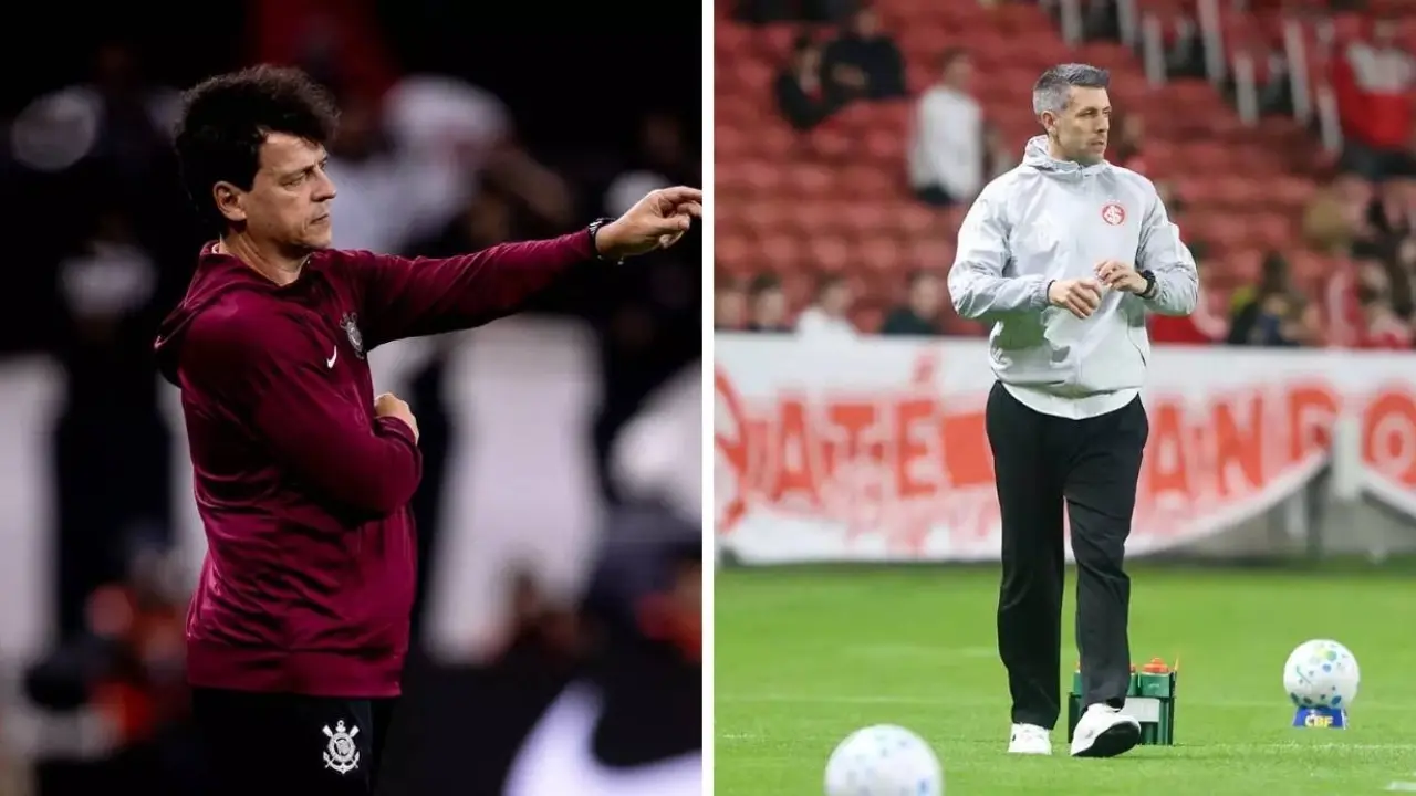 Do lado esquerdo, uma imagem do técnico do Corinthians Fernando Diniz na beira do campo e do lado direito, uma imagem do técnico do Internacional Paulo Pezzolano ao lado do campo Do lado esquerdo, uma imagem do técnico do Corinthians Fernando Diniz na beira do campo e do lado direito, uma imagem do técnico do Internacional Paulo Pezzolano ao lado do campo