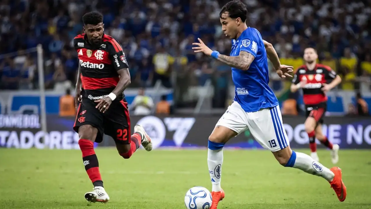 Jogadores de Cruzeiro e Flamengo durante confronto entre as equipes pela temporada de 2026