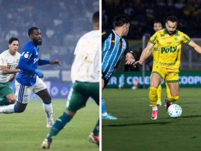 A esquerda da imagem estão jogadores do Cruzeiro durante partida contra a Chapecoense pela Copa do Brasil 2026 e a direita da imagem estão jogadores do Mirassol contra o Grêmio em jogo pela Copa do Brasil 2026