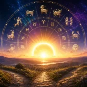 Imagem ilustrativa sobre o período pós-eclipse, com Sol reaparecendo, Lua se afastando e roda zodiacal representando os 12 signos em uma atmosfera de continuidade e clareza