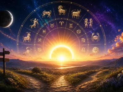 Imagem ilustrativa sobre o período pós-eclipse, com Sol reaparecendo, Lua se afastando e roda zodiacal representando os 12 signos em uma atmosfera de continuidade e clareza
