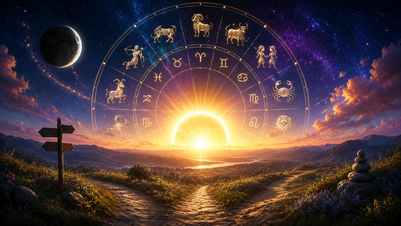 Imagem ilustrativa sobre o período pós-eclipse, com Sol reaparecendo, Lua se afastando e roda zodiacal representando os 12 signos em uma atmosfera de continuidade e clareza