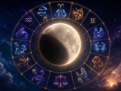 Lua após o eclipse lunar em Peixes cercada pelos 12 signos do zodíaco