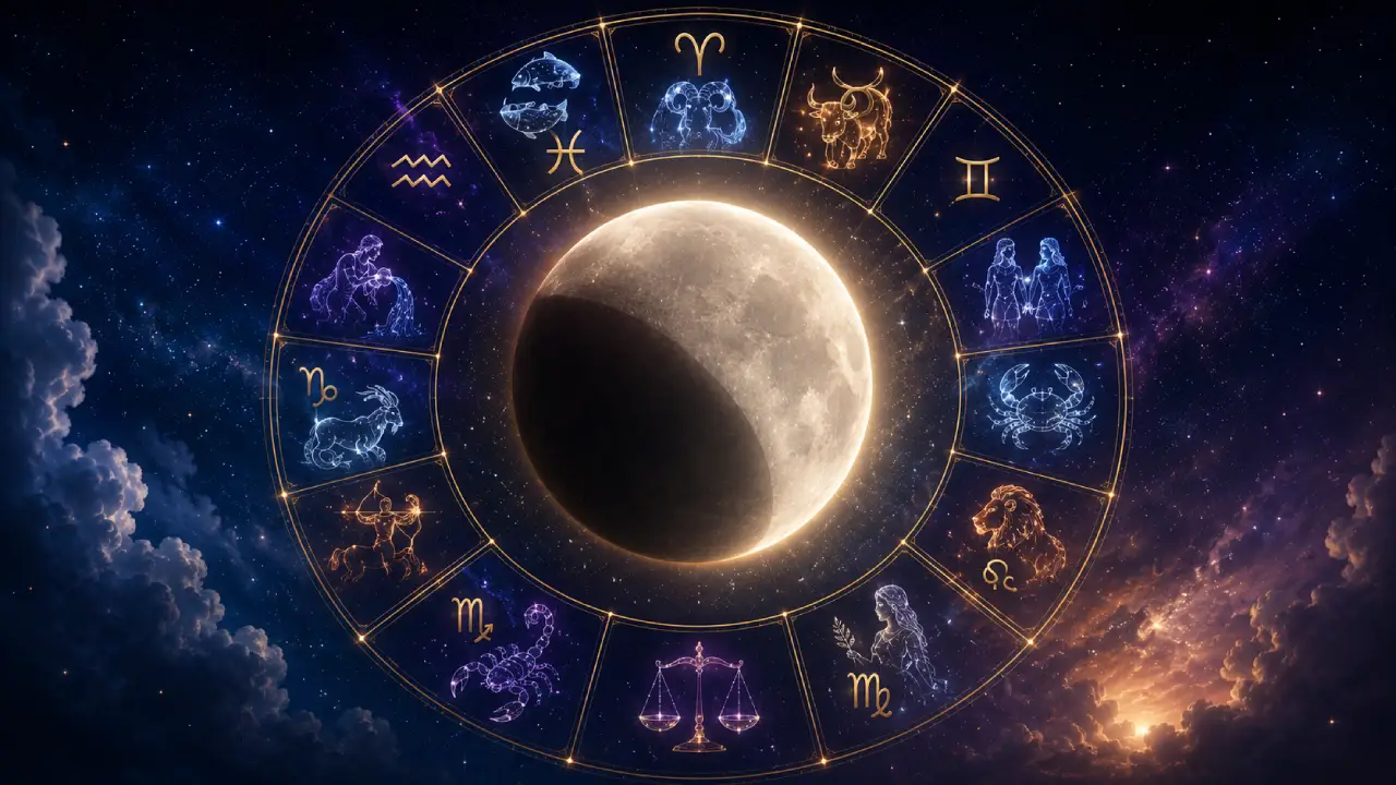 Lua após o eclipse lunar em Peixes cercada pelos 12 signos do zodíaco