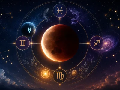 Eclipse lunar em Peixes com Virgem, Gêmeos e Sagitário destacados na roda zodiacal