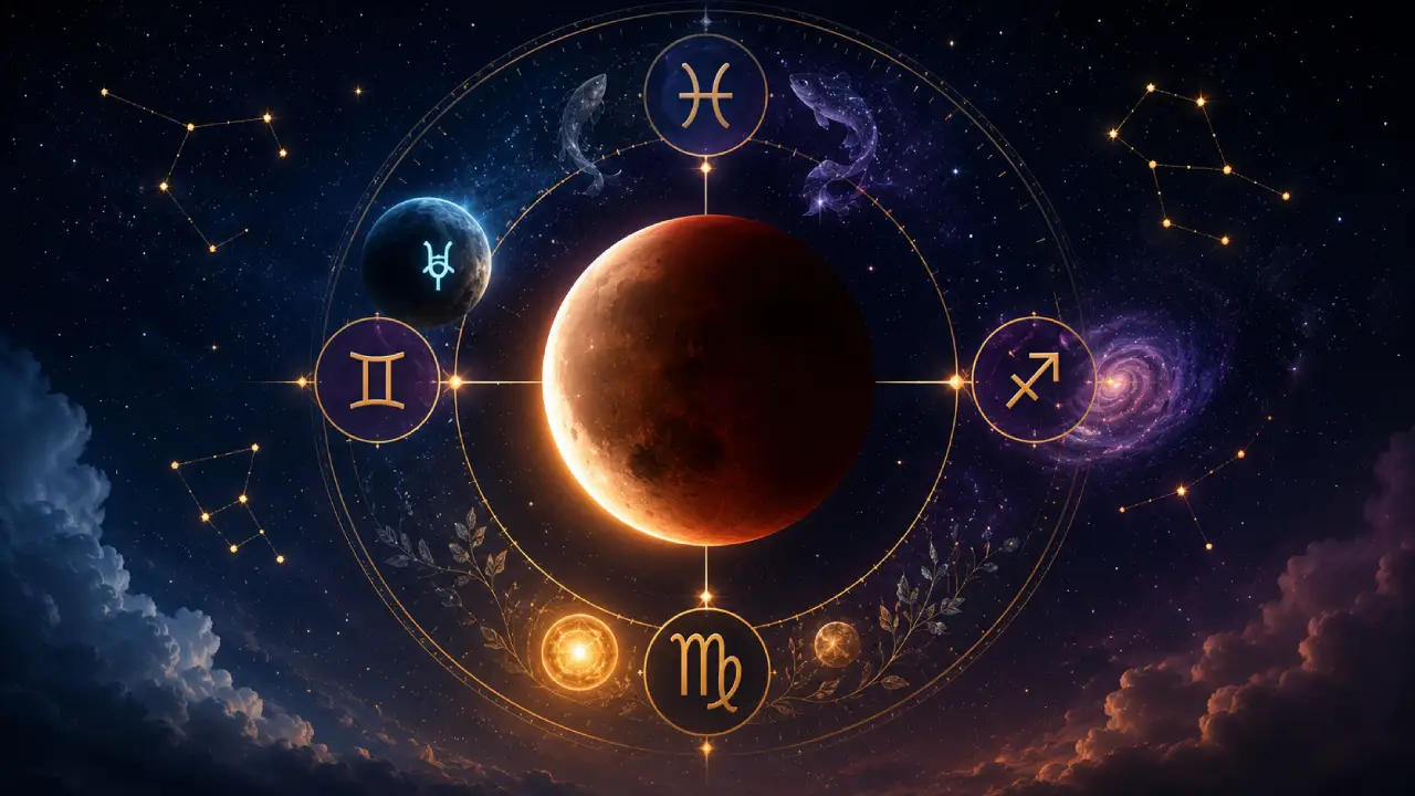 Eclipse lunar em Peixes com Virgem, Gêmeos e Sagitário destacados na roda zodiacal Eclipse lunar em Peixes com Virgem, Gêmeos e Sagitário destacados na roda zodiacal