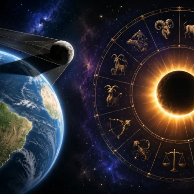 Imagem ilustrativa sobre a diferença entre a visibilidade astronômica do eclipse solar de 12 de agosto de 2026 e sua interpretação na astrologia, com Terra, sombra lunar e roda zodiacal