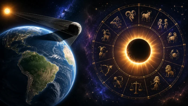 Imagem ilustrativa sobre a diferença entre a visibilidade astronômica do eclipse solar de 12 de agosto de 2026 e sua interpretação na astrologia, com Terra, sombra lunar e roda zodiacal