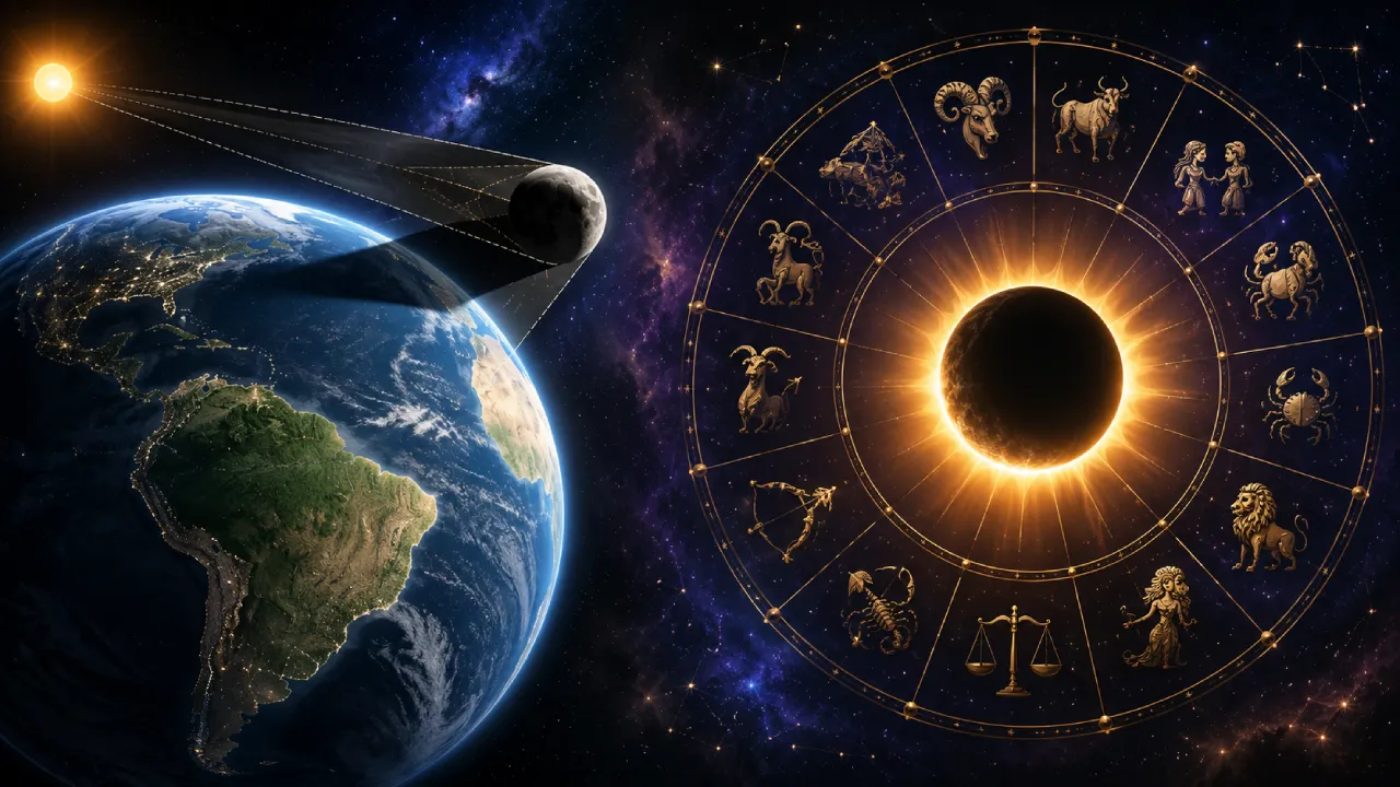 Imagem ilustrativa sobre a diferença entre a visibilidade astronômica do eclipse solar de 12 de agosto de 2026 e sua interpretação na astrologia, com Terra, sombra lunar e roda zodiacal