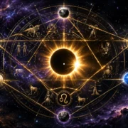 Imagem ilustrativa do eclipse solar de 12 de agosto de 2026, com roda zodiacal e representação simbólica da configuração envolvendo Mercúrio, Vênus, Urano, Netuno e Plutão