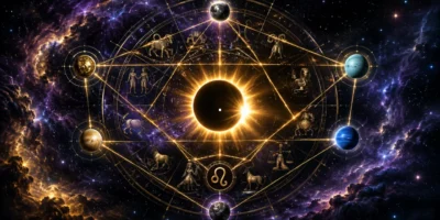 Imagem ilustrativa do eclipse solar de 12 de agosto de 2026, com roda zodiacal e representação simbólica da configuração envolvendo Mercúrio, Vênus, Urano, Netuno e Plutão
