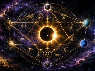 Imagem ilustrativa do eclipse solar de 12 de agosto de 2026, com roda zodiacal e representação simbólica da configuração envolvendo Mercúrio, Vênus, Urano, Netuno e Plutão