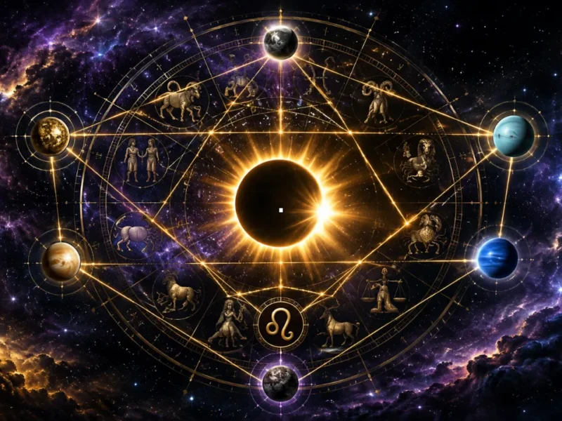 Imagem ilustrativa do eclipse solar de 12 de agosto de 2026, com roda zodiacal e representação simbólica da configuração envolvendo Mercúrio, Vênus, Urano, Netuno e Plutão